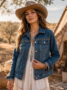 Chico's Beaded Embellished Stretch Denim Jacket Blue Jean Trucker Size 1 M
